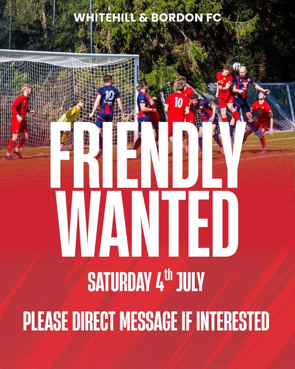 BordonFc's tweet photo. 🚨 𝗙𝗥𝗜𝗘𝗡𝗗𝗟𝗬 𝗪𝗔𝗡𝗧𝗘𝗗 𝗧𝗛𝗜𝗦 𝗦𝗔𝗧𝗨𝗥𝗗𝗔𝗬! 🚨

We are still on the hunt for an opposition tomorrow for a friendly! 

Pitch and ref booked.

Drop us a message if interested!

@HantsLeague 
@NonLeagueHQ1 
@WessexLeague 
@fffinderuk
@SurreyPremierFL 
@ComCoFL https://t.co/EiZKpBPqYo