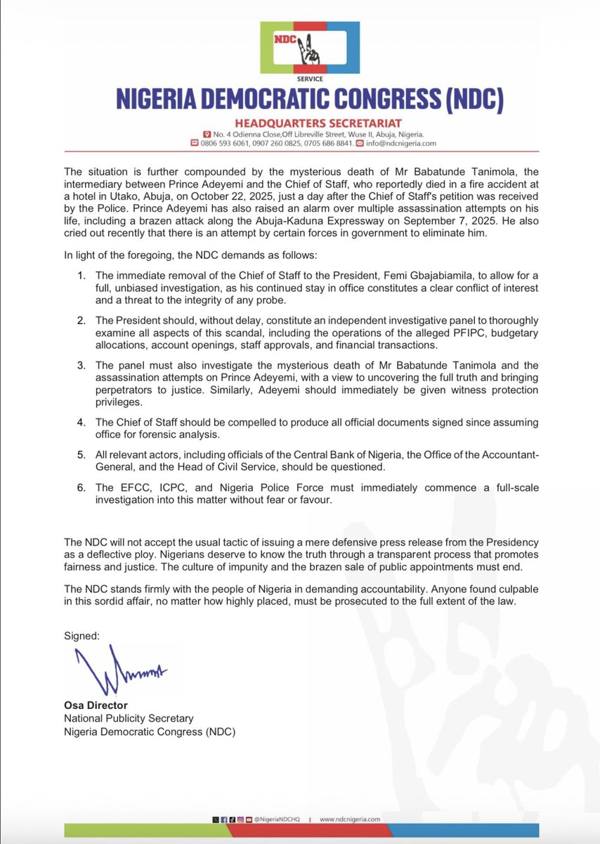 NigeriaNDCHQ's tweet photo. PRESS STATEMENT: - NDC Demands Immediate Sack of Chief of Staff to the President, Femi Gbajabiamila Over Massive Corruption Scandal Involving Fake Agency and Sale of Appointments. https://t.co/q3SW29DmKH