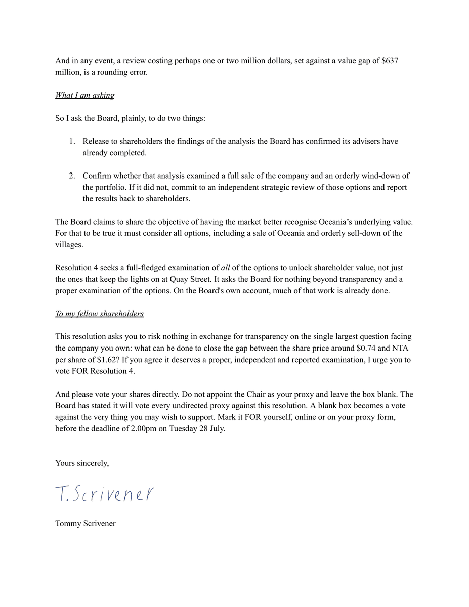 ScrivCapital's tweet photo. I've sent an open letter to Oceania $OCA following their recommendation to vote against my resolution.

The shares trade at less than half of NTA.

If you want the board to consider all options, including ones that don't keep the lights on at Quay Street, vote FOR Resolution 4. https://t.co/BQdqhAMHCF