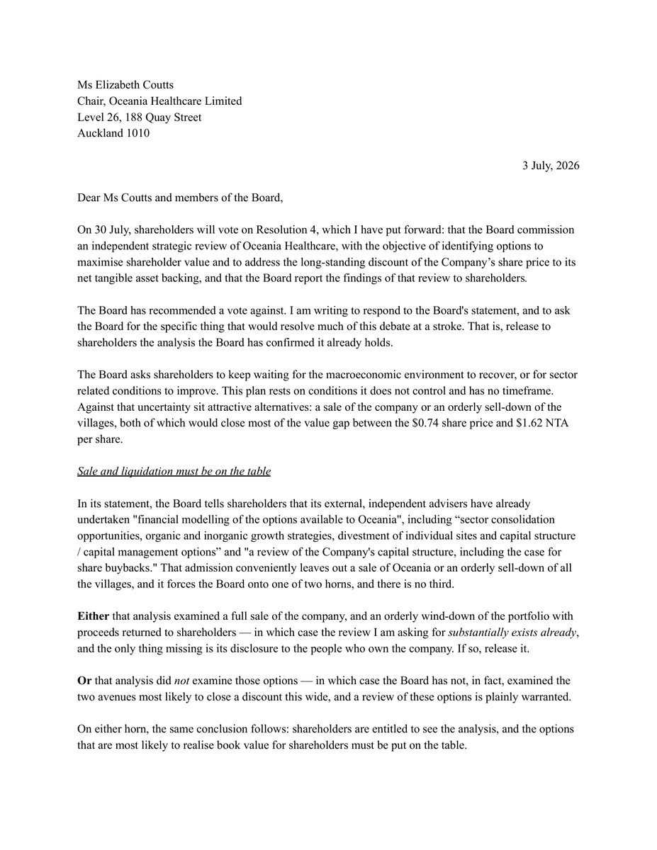 ScrivCapital's tweet photo. I've sent an open letter to Oceania $OCA following their recommendation to vote against my resolution.

The shares trade at less than half of NTA.

If you want the board to consider all options, including ones that don't keep the lights on at Quay Street, vote FOR Resolution 4. https://t.co/BQdqhAMHCF