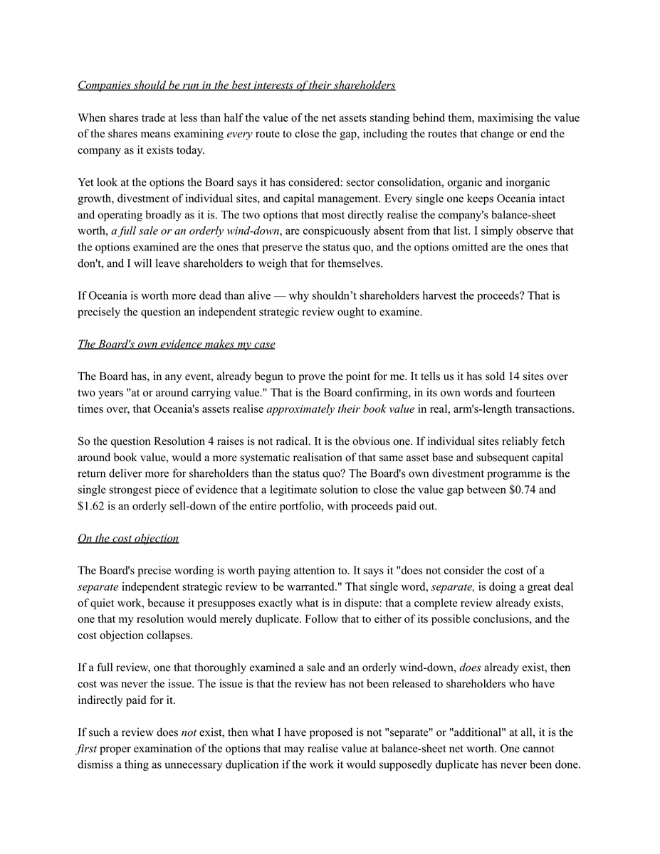 ScrivCapital's tweet photo. I've sent an open letter to Oceania $OCA following their recommendation to vote against my resolution.

The shares trade at less than half of NTA.

If you want the board to consider all options, including ones that don't keep the lights on at Quay Street, vote FOR Resolution 4. https://t.co/BQdqhAMHCF