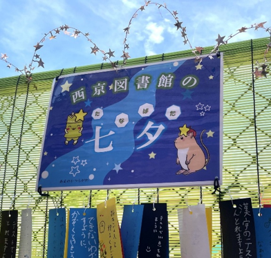 NishikyoLib's tweet photo. 梅雨の晴れ間にみんなに書いてもらった七夕の願い事を図書館の人が外に飾ってくれたよ！色鮮やかな五色の短冊！それぞれの色には意味があるんだって！雨の日でも階段の踊り場に飾ってくれているから、ぜひ見に来てね♪みんなの願い事が叶いますように… ＃かやっち https://t.co/rMWK1by6PR