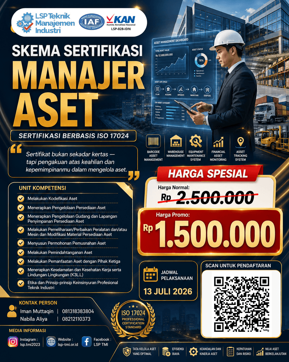 LspTmi's tweet photo. Masih mengelola aset perusahaan tanpa sertifikasi yang diakui?
Banyak profesional sudah bertahun-tahun bekerja mengelola aset, gudang, persediaan, hingga maintenance. Namun saat ada promosi jabatan, tender proyek, atau audit perusahaan, kompetensi sering kali sulit dibuktikan. https://t.co/koHXALZkbI