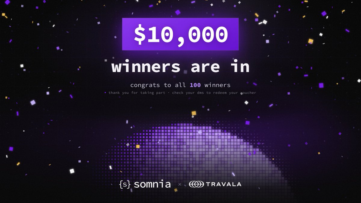 Somnia_Network's tweet photo. Travala x Somnia $10,000 winners are in 🏆

Congratulations to the 100 winners! And a massive thank you to everyone who participated.  

DM us with proof that you’re following all the accounts and have registered on Travala, and we’ll send you instructions on how to redeem your voucher.  

See if you have won 👇
