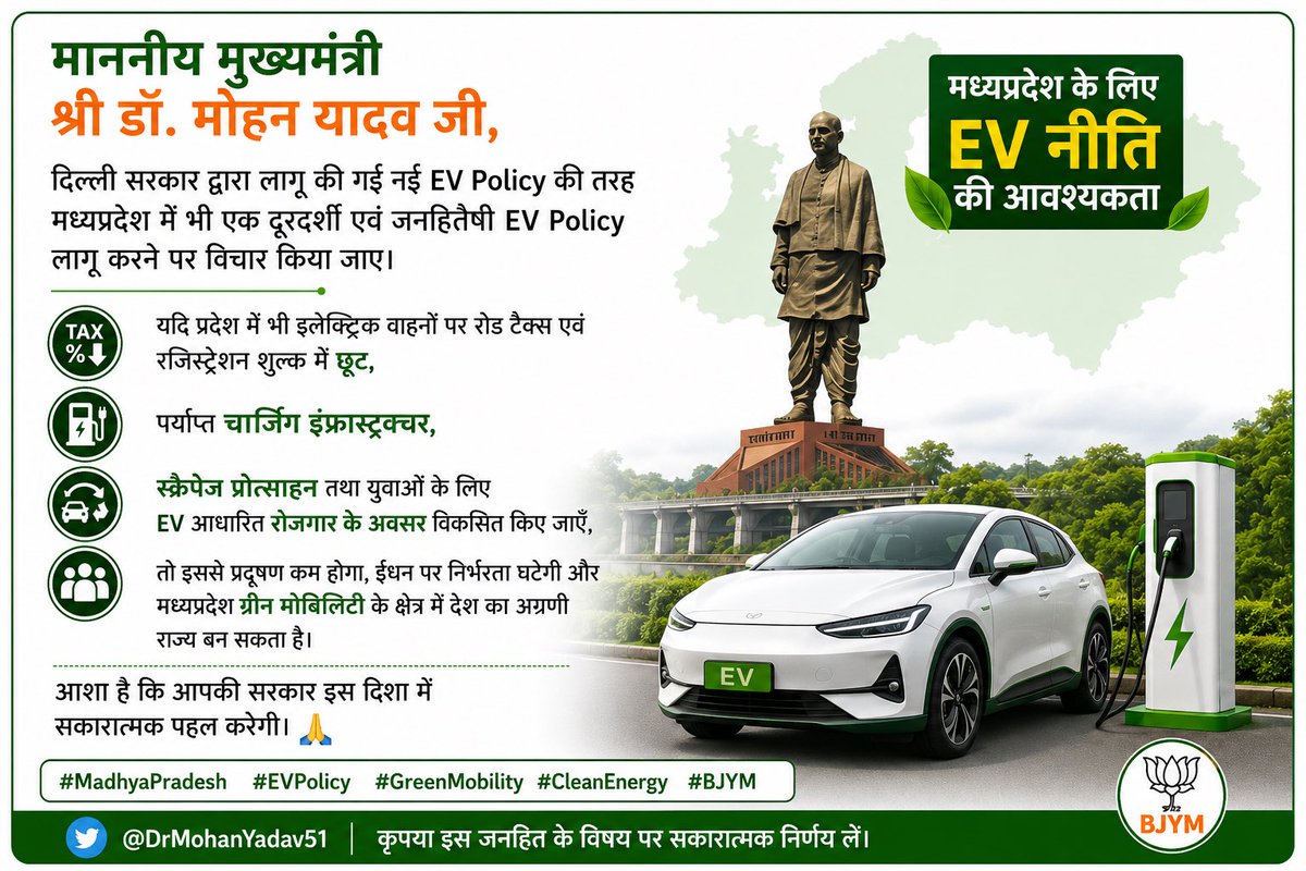 PawanBJPMP's tweet photo. माननीय मुख्यमंत्री श्री @DrMohanYadav51 जी,आग्रह है कि दिल्ली सरकार की तरह मप्र में भी दूरदर्शी एवं जनहितैषी EV Policy लागू कर इलेक्ट्रिक वाहनो पर रोड टैक्स एवं रजिस्ट्रेशन शुल्क में छूट देने पर विचार किया जाए
@narendramodi @nitin_gadkari @shyamtailorsjr #EVPolicy #GreenMobility https://t.co/iINHdgP8Ko