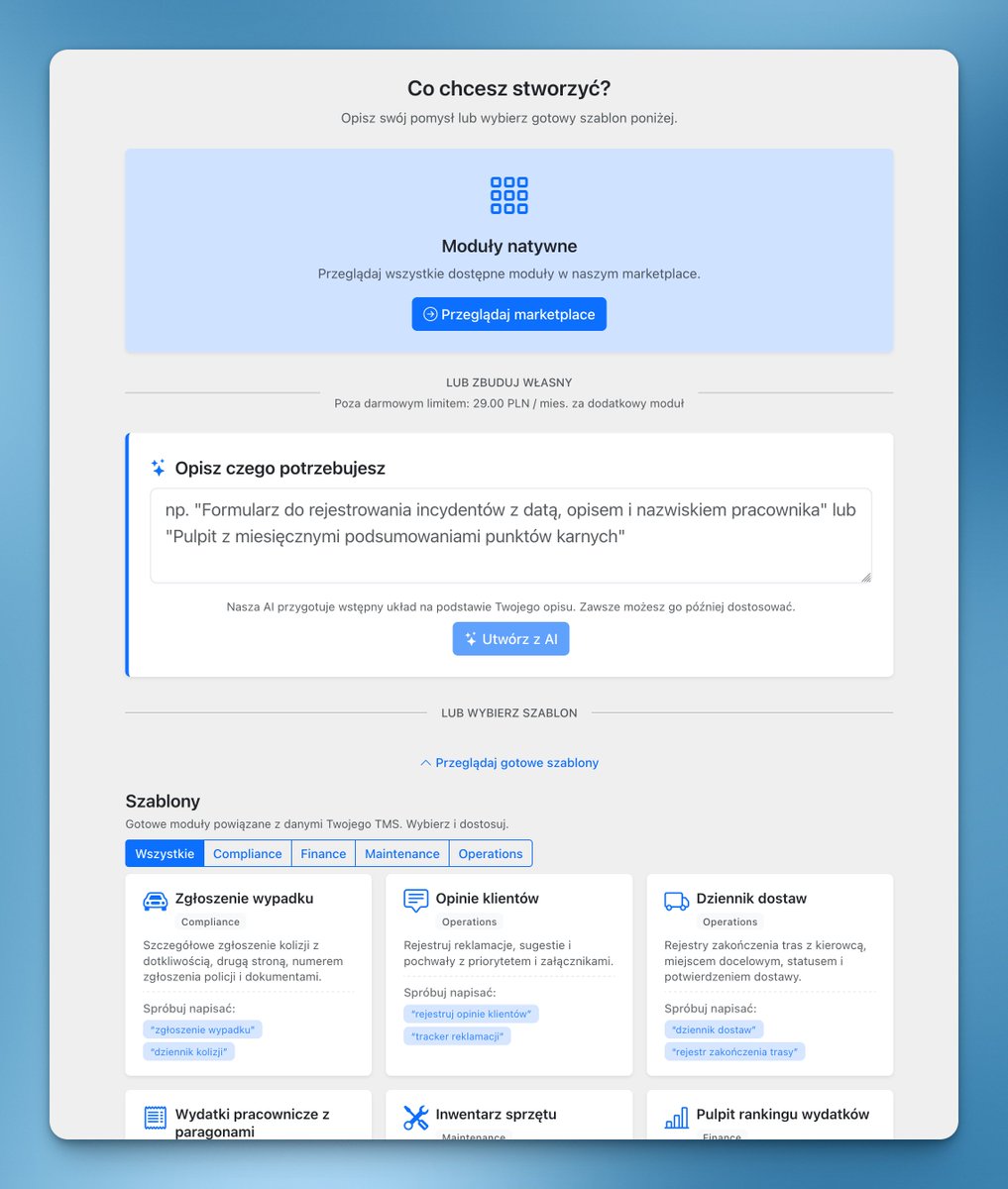 Zafahix's tweet photo. shipped this today: a module builder for our LiteTMS where you just describe what you need in plain language and the AI drafts the whole layout for you.
type "crash report log with severity, other party and police case number" and it comes back as a real, editable module inside the app. no schema migration, no deploy, you tweak the fields and it's live.
also wired up ready-made templates and a native-module marketplace as fallbacks for people who don't want to prompt from scratch.