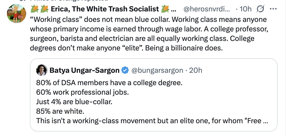 JillFilipovic's tweet photo. Surgeons, college professors, and ostensibly most lawyers and bankers are "working class" now so long as they stay below billionaire status. https://t.co/lAX4tVtCvC