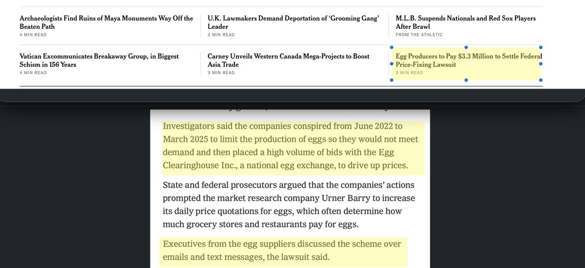 scarylawyerguy's tweet photo. It turns out the great egg price increase that helped topple Joe Biden's presidency was <checks notes> due to an alleged conspiracy among egg producers to artificially increase prices and the coverage of that fact is a blink-and-you-miss-it story on the NYT website 🙃 https://t.co/PCiJlptOiE