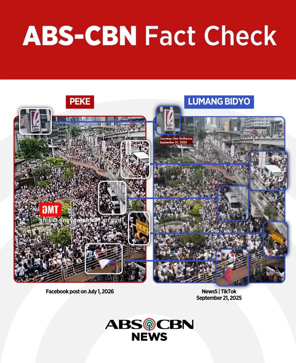 AltIndayBadiday's tweet photo. FACT✔️: Hindi kuha sa rally na isinagawa ng mga miyembro ng INC, noong July 1, 2026 ang larawan na kumakalat sa social media. Sa pagsusuri ng ABS-CBN Fact Check, lumabas na ang larawan ay mula pa sa Trillion Peso March na isinagawa noong Sept. 21, 2025. 

https://t.co/u07qXU0nBe https://t.co/1TaUPleNbZ