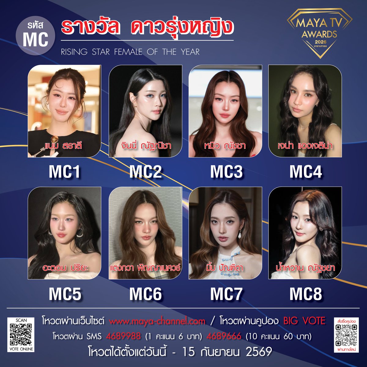 mayaonline2002's tweet photo. “MAYA TV AWARDS 2026”
⏰ โหวตได้แล้วตั้งแต่วันนี้ - 15 กันยายน 2569

รางวัล ดาวรุ่งหญิงแห่งปี
(RISING STAR FEMALE OF THE YEAR)
MC1      แบม-สราลี ประสิทธิ์ดำรง
MC2     จินนี่-ณัฐณิชา ประทีปนาฏศิริ
MC3     หมิว-ณัชชา เตชะมงคลาภิวัฒน์
MC4     เจน่า-แองเจลิน่า สตีเวนส์
MC5     อะตอม-ปริยะ ปิยะพันธ์โอภาส
MC6     แตงกวา-พิญญาเนศวร์ อั้งสุวรรณ
MC7      มิ้ม-ปัณฑิตา เจนเจริญธรรม
MC8     น้ำหวาน-ณัฐชยา วงษ์บุตร

🚨ร่วมโหวต ร่วมเชียร์ ผ่าน 3 ช่องทาง :

1️⃣ โหวตผ่านระบบ ONLINE ทางเว็บไซต์ : https://t.co/YB7h1EN1pj
** สามารถโหวตได้ทั่วโลก ไม่จำกัดจำนวนครั้ง

2️⃣ โหวตผ่าน COUPON BIG VOTE
💌 COUPON 1 ใบ = โหวตได้ 50 คะแนน
** สั่งซื้อได้ทาง 📍 LINE ID : @093rurwi (MAYA OFFICIAL)
** วิธีการ : เขียนรหัสศิลปินแล้วส่งคูปองกลับมาที่กองบรรณาธิการ MAYA TV
** คูปองโหวต 1 ใบ / โหวตได้ 1 รหัสศิลปิน

3️⃣ โหวตผ่านระบบ SMS โดยพิมพ์รหัสศิลปิน แล้วส่งข้อความมาที่
☎️ หมายเลข 4689988 (โหวต 1 คะแนน) ครั้งละ 6 บาท
☎️ หมายเลข 4689666 (โหวต 10 คะแนน) ครั้งละ 60 บาท
** (1 SMS / 1 รหัสโหวต) ** ไม่จำกัดจำนวนครั้ง

#แบมสราลี #จินนี่ณัฐณิชา #หมิวณัชชา #เจน่าแองเจลิน่า #อะตอมปริยะ #แตงกวาพิญญาเนศวร์ #มิ้มปัณฑิตา #น้ำหวานณัฐชยา #MAYATVAWARDS2026