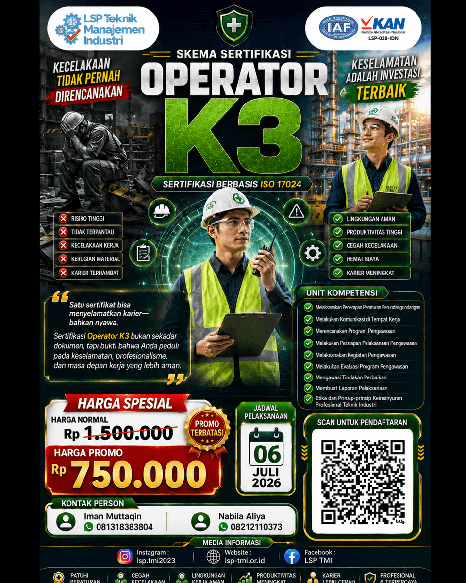 LspTmi's tweet photo. Kecelakaan kerja tidak pernah direncanakan.
Namun banyak pekerja dan perusahaan masih mengabaikan pentingnya kompetensi K3 yang terstandar.
Akibatnya:
❌ Risiko kecelakaan meningkat
❌ Produktivitas menurun
❌ Kerugian material membengkak
❌ Karier terhambat https://t.co/sL0txewEJq
