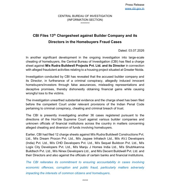 CBIHeadquarters's tweet photo. Central Bureau of Investigation (CBI) files a charge sheet against M/s Rudra Buildwell Projects Pvt. Ltd. and its Director in connection with alleged fraudulent activities relating to a housing project situated at Greater Noida https://t.co/B7fbtRBo3A