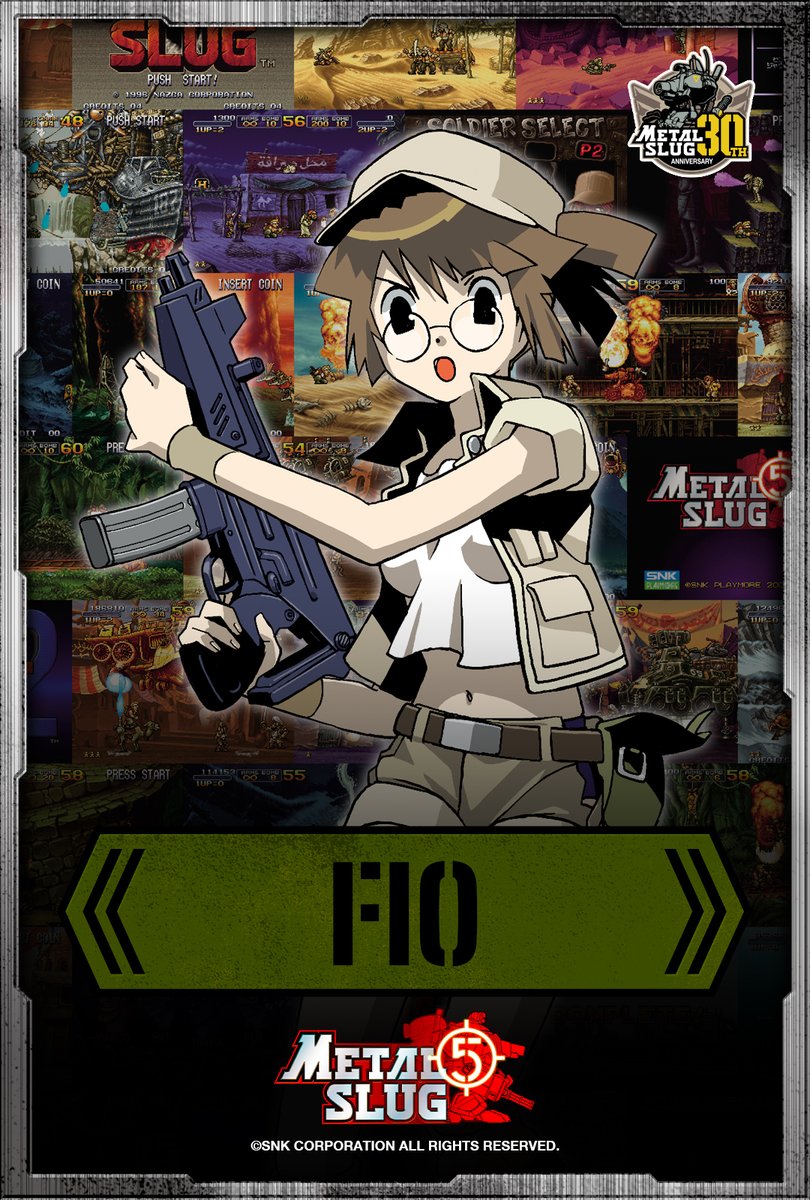 METALSLUG_JP's tweet photo. 🪖 #メタスラ振り返りミッション
30周年を祝い、歴代のキャラクタービジュアルをアーカイブ公開！
本日は、軍の機密漏洩を防ぐため、仲間と共に新たな脅威の拠点へと乗り込む『メタルスラッグ5』の「フィオ・ジェルミ」。

これまでとは一味違う、オカルトや呪術的な雰囲気が漂う敵組織の謎に、持ち前のタフさと明るさで立ち向かった彼女。
今作の洗練されたBGMと共に、フィオでスライディングを駆使して戦ったあの興奮を報告せよ！
Mission Complete! 当時の思い出をリプライで報告せよ！🫡👇
#メタスラ30th