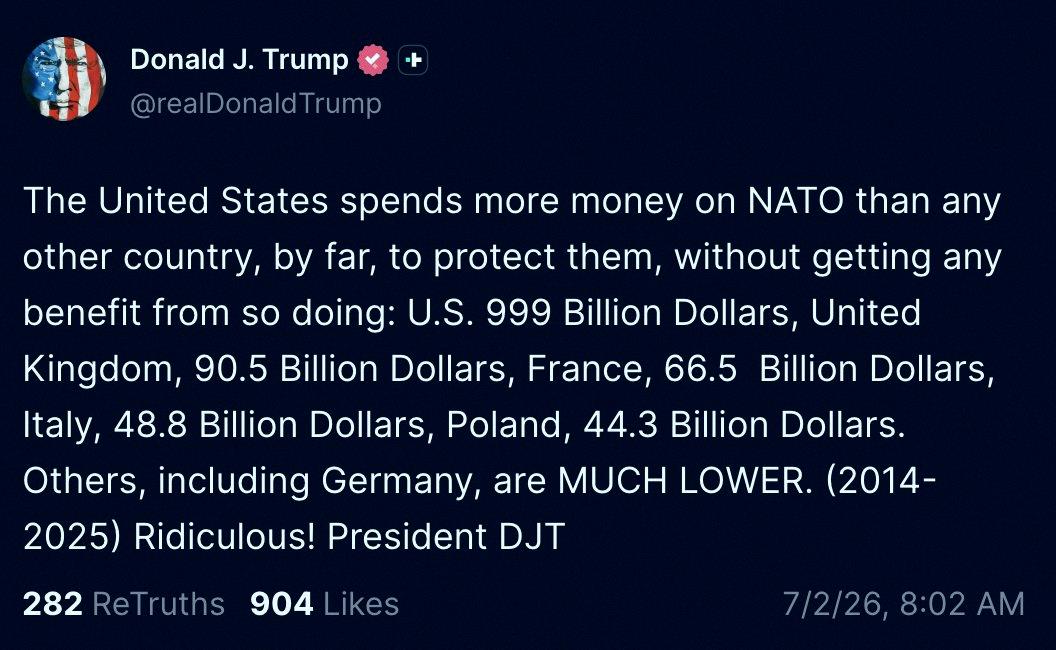 Chillymaw's tweet photo. Big news: President Trump just said the US pays more into NATO than anyone else, but he doesn't think we're getting anything out of it. https://t.co/tbjzlVqDKz