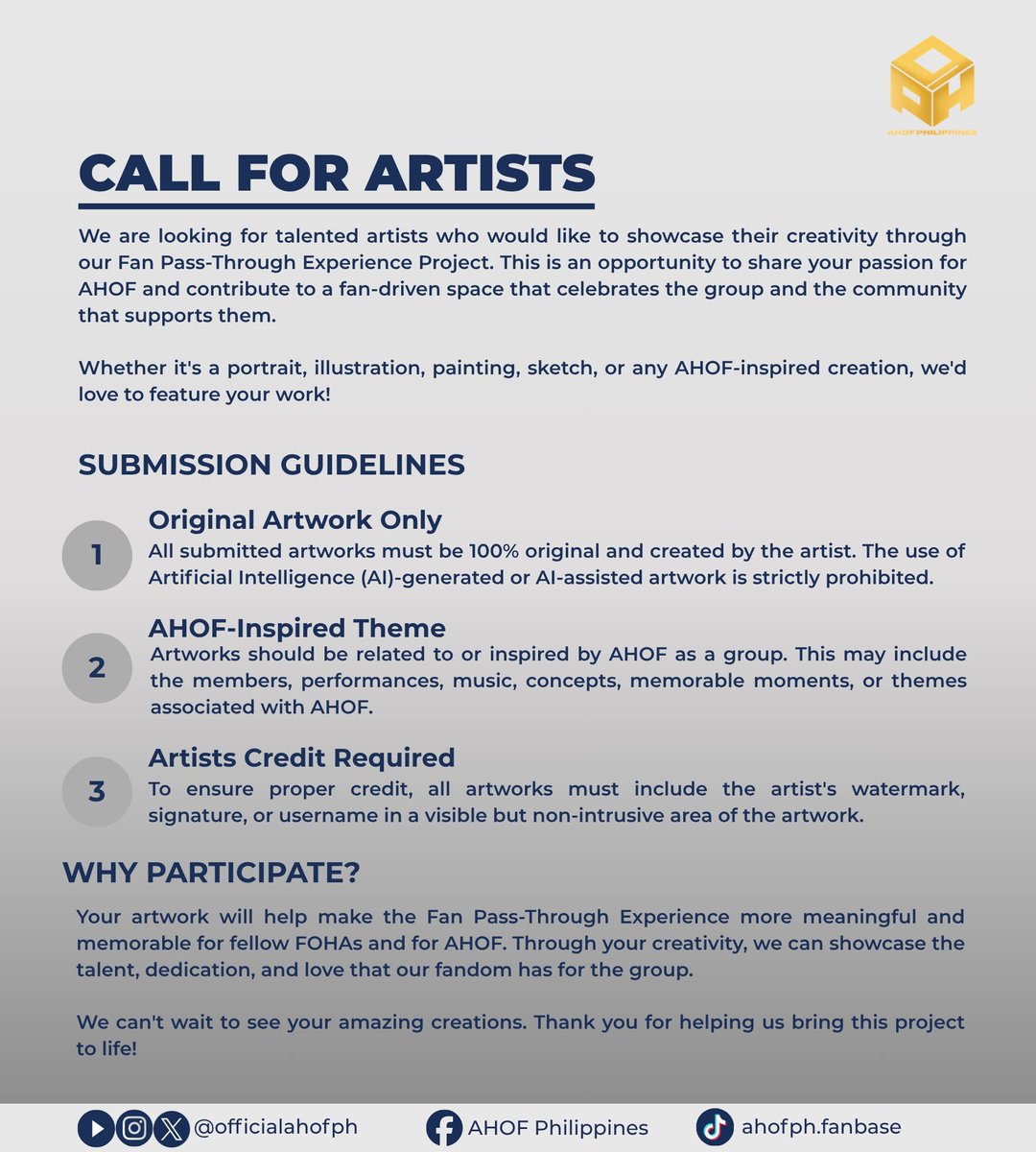 OfficialAHOFPH's tweet photo. CALL FOR FOHA ARTISTS! 🎨

We are still looking for artists who would like to showcase their artworks in our Fan Pass-Through Experience Project. We still have 10 slots available to any form of art, whether it's a member portrait, digital illustration, sketch, or any AHOF-inspired creation. 

🗓️OPEN UNTIL JULY 5, 12NN PHT
🔗Artwork Submission Form: https://t.co/BHpCAHb6DR

We're also still accepting donations to help bring this project to life. Every contribution, no matter the amount, goes a long way in making this fan project possible.

🔗 Donation Form: https://t.co/9dE1OwaCsr

Let's work together to create a meaningful experience for AHOF and FOHAs, while introducing AHOF to even more people through our creativity and passion! 💙