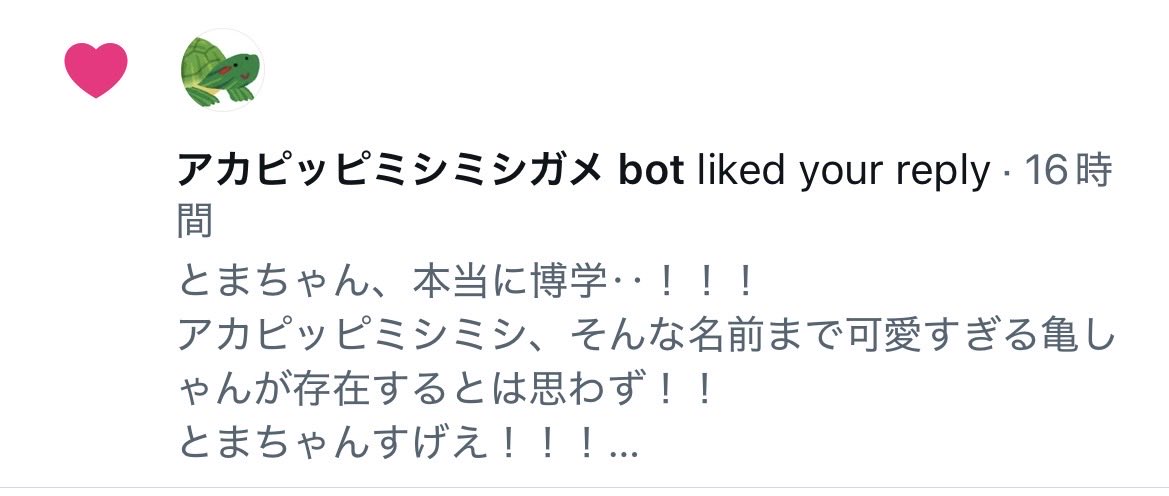 Go_OwnWay_ktmt's tweet photo. @m0im0i_to とまちゃん好きだよ好きだよ❤️

そして大変ーーーー！！！
とまちゃんのところにもいらしたかもしれない、
アカピッピミシミシガメ様から
いいね頂いてしまったよ！！！！笑

なんたる幸運&amp;光栄！！！🧚‍♀️❤️❤️
とまちゃん、貴重な体験をさせてくれて本当にまじでめちゃくちゃありがとう！！！！笑 https://t.co/zkRm8hDiTh