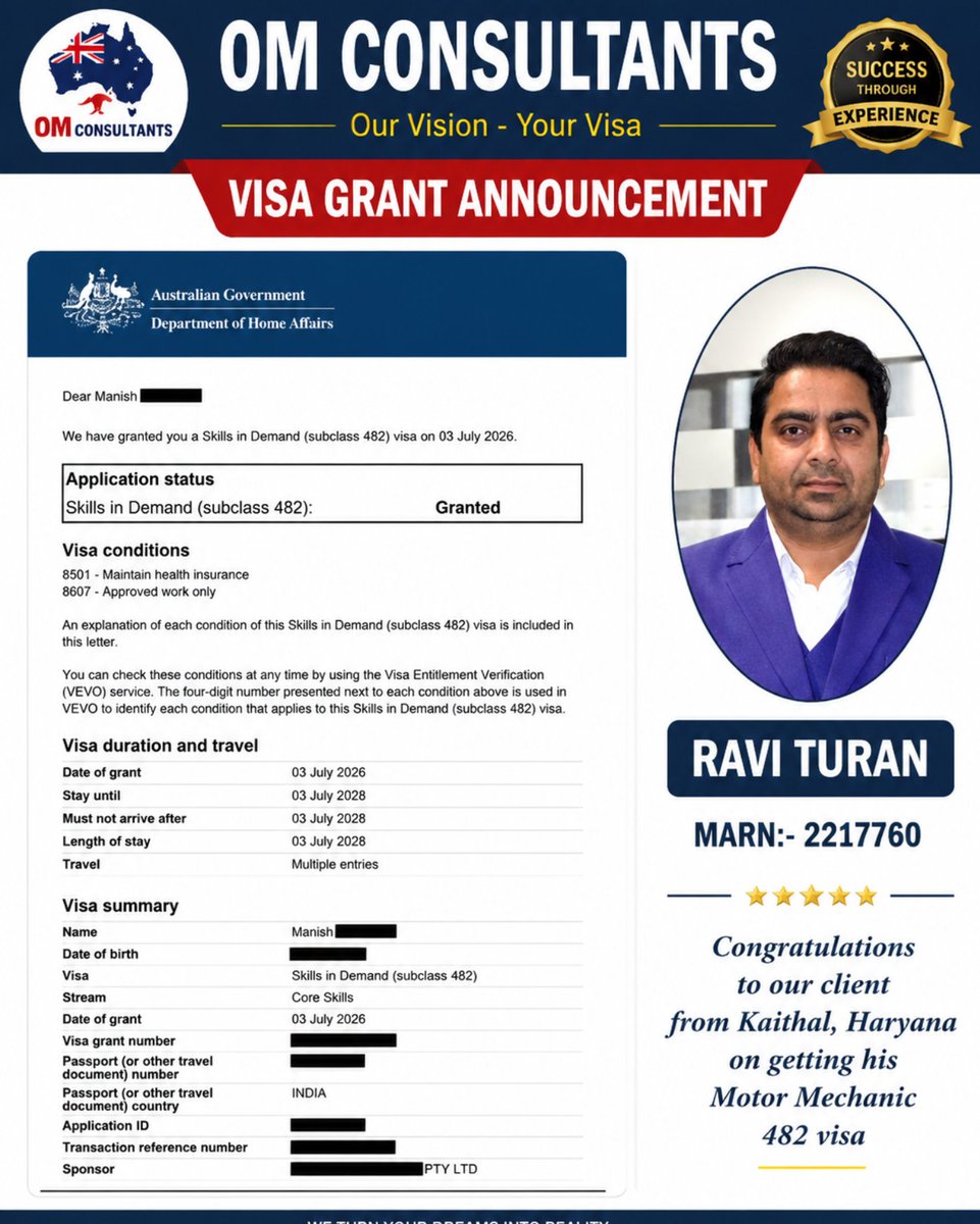 ConsultantsOm's tweet photo. Congratulations to the whole family from Haryana on getting their 482 visa grants via OM CONSULTANTS .
Occupation = Motor mechanic 

 #ourvisionyourvisa
#048GETTRPR
#042STUDENT https://t.co/GtImSgwzII
