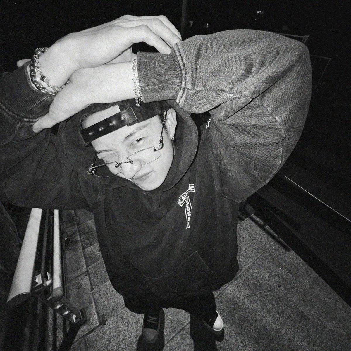 bbygrlracha's tweet photo. just realized chan probably posed like this to hide the giant “fuck you” on his chrome hearts hoodie. idk why but this makes the picture even more precious to me now. 😭 https://t.co/b8bqgGtota