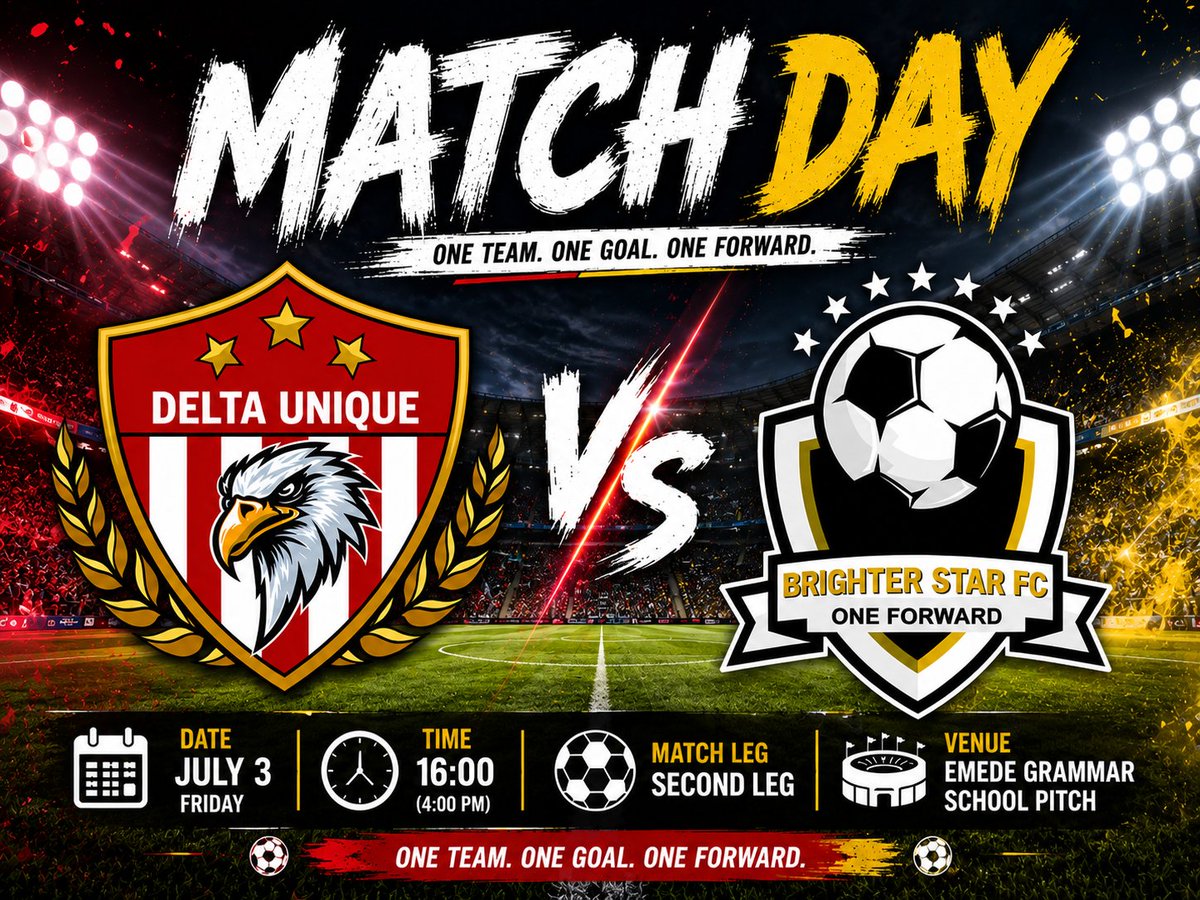 Delta_Uniquefc's tweet photo. Match Day. 

⚽  Delta Unique FC VS Brighter Star
👀 Friendly match 
📆 Friday July 3rd
⏰ 16:00
🏟 Emede Grammar School. https://t.co/jyE4NxuNQm