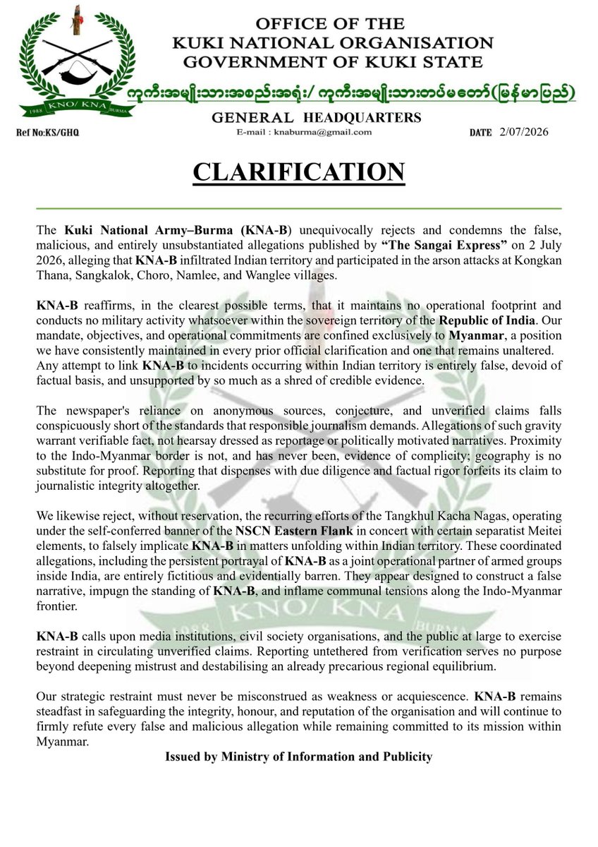 KipsKuki's tweet photo. #Manipur #Myanmar 
The Kuki National Army-Burma has clarified that meitei mouthpiece @Sangai_Express has published a fictitious story. This isn’t the 1st time Tangkhul &amp; Meitei secessionist brothers have tried to forcefully include KNA-B in Manipur conflict.
@MIB_India @pib_comm https://t.co/sJKfK9RFFA