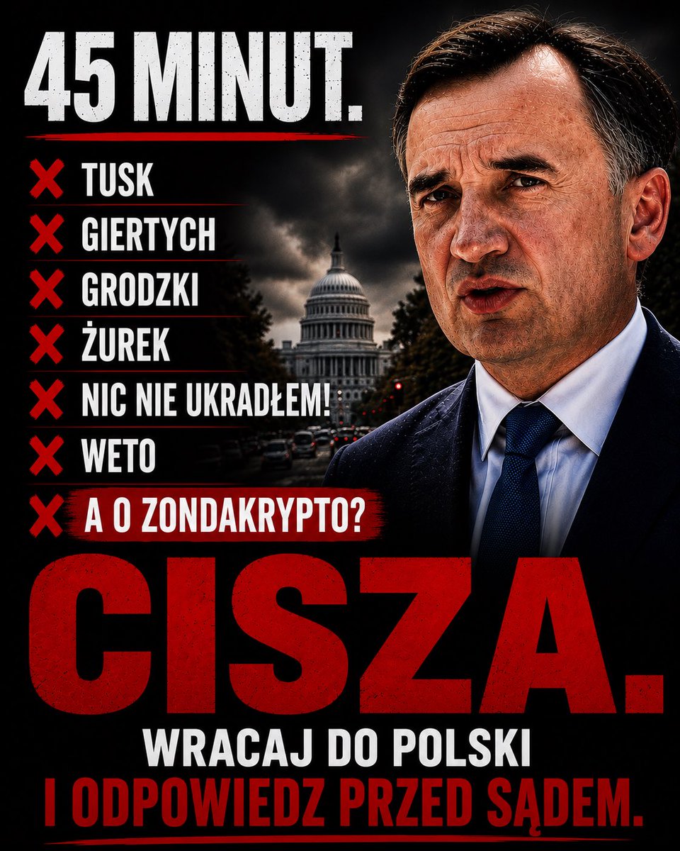 PaniNaSzpilkach's tweet photo. Kto nie oglądał Ziobry w Polsacie, ten nic nie stracił.
45 minut gadania 
Tusk 50 razy, Giertych 50 razy, Grodzki, Gawłowski, Kacprzak – wszyscy złodzieje, których „gonił, ale nie dogonił”. 
Żurek też w co drugim zdaniu. A o swoich prokuratorach i sędziach ,,na telefon”cisza. To była reforma?
Zostawiłeś gigantyczny syf w sądach i prokuraturze. 

„Nic nie ukradłem!” – woła wielki szeryf.
Jasne.
O wypłacie z krypto – cisza.
O urzędniczkach z MS i ustawianych dotacjach – cisza.
O księdzu-salcesonie  i Mateckim  – cisza.

Miałeś 8 lat pełnej władzy, prokuraturę, CBA i służby w garści… i co? NIC!

 ,,Niewinni nie mają się czego bać” 
Wracaj do Polski, „szeryfie”, i wyjaśnij te sprawy.
 
#Ziobro #NicNowego #KryptoCisza #SzeryfNaUcieczce #8Lat
￼