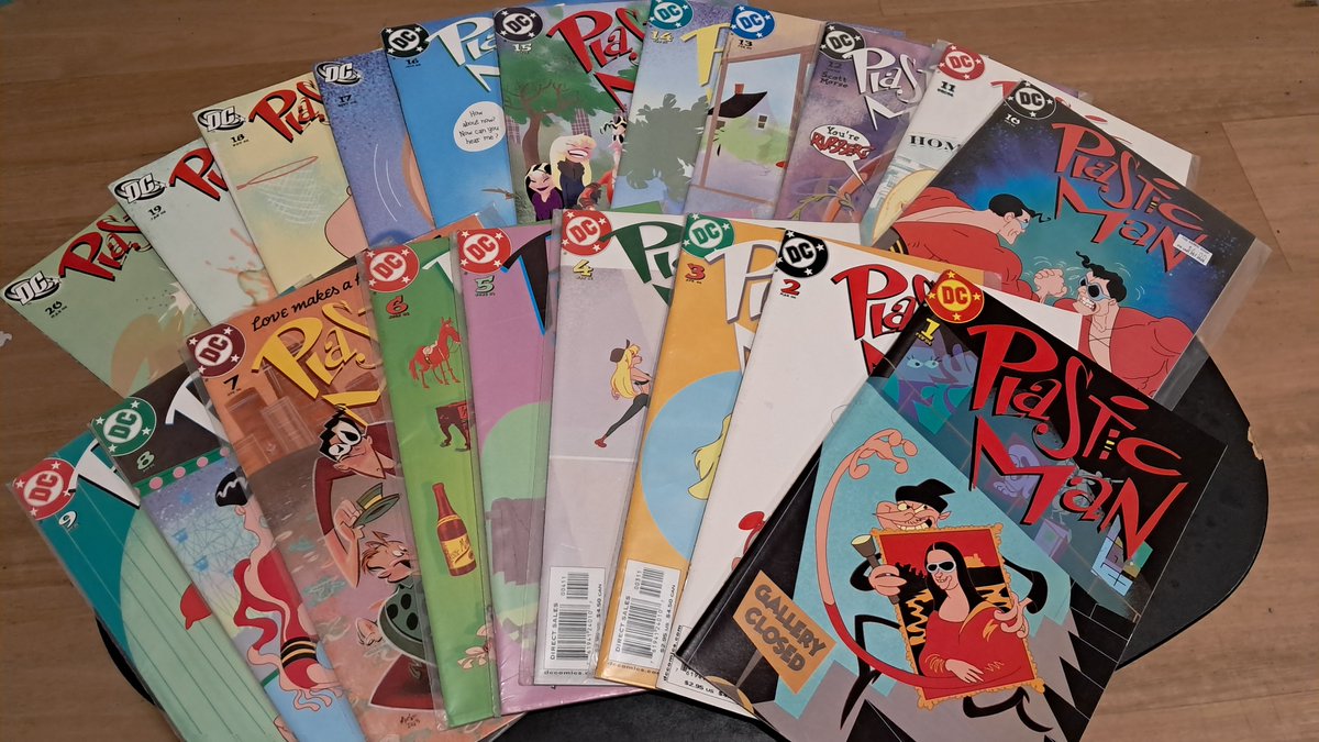 rubbergunDC's tweet photo. I walk in to 1 comic book store, ask if they have any plastic man and he hands me the entire primary 2003 series... I own these now
 #DC #plasticman https://t.co/Qk5BjbPwSM