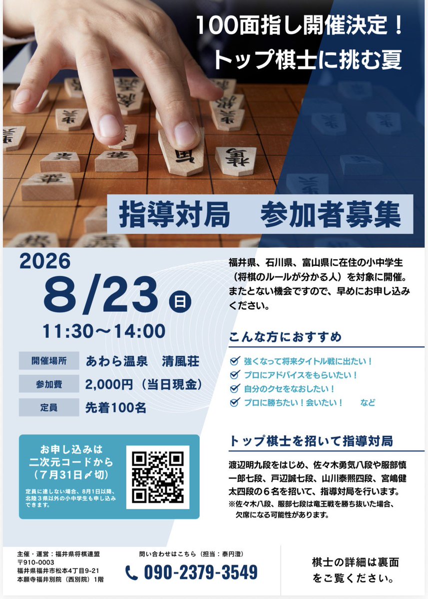 watanabe_1984's tweet photo. 8/23(日)あわら温泉での北陸100面指し、申し込みを受付中です。(画像の二次元コードから)

現在は北陸3県に在住の中学生、小学生を受付けていまして、8/1までに定員に達しない場合、他県の方も申し込み可能になります。今のところ、3分の1ほど埋まっています。

参加棋士の何かが当たる、お楽しみ抽選会をやりたいと思っています！ぜひ、ご参加ください！