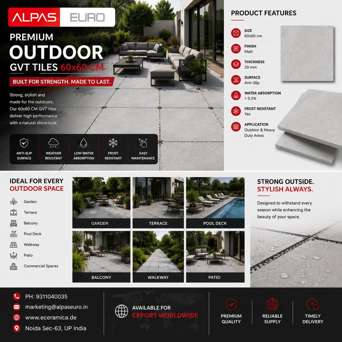 alpaseuro's tweet photo. Elevate your outdoor spaces with premium porcelain tiles engineered for strength style and durability.

📞 +91 9311040035
📧 marketing@alpaseuro.in
🌐 https://t.co/s17x6amk1r

#OutdoorTiles #PorcelainTiles #Construction #AlpasEuro #TileExport
#AlpasEuro #GardenTiles #PoolDeck https://t.co/qf3sQNVpnY