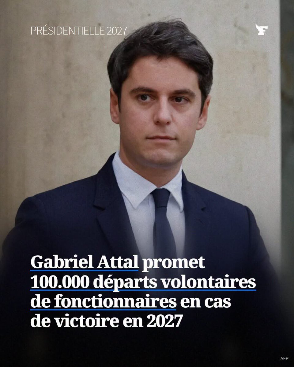 Cemil's tweet photo. Gabriel Attal candidat à la présidentielle, promet de supprimer 100 000 postes de fonctionnaires en cas de victoire.

Celui qui se dit attacher à l’école et aux services publics, veut virer des profs et des soignants. https://t.co/SWxRZfwmWU