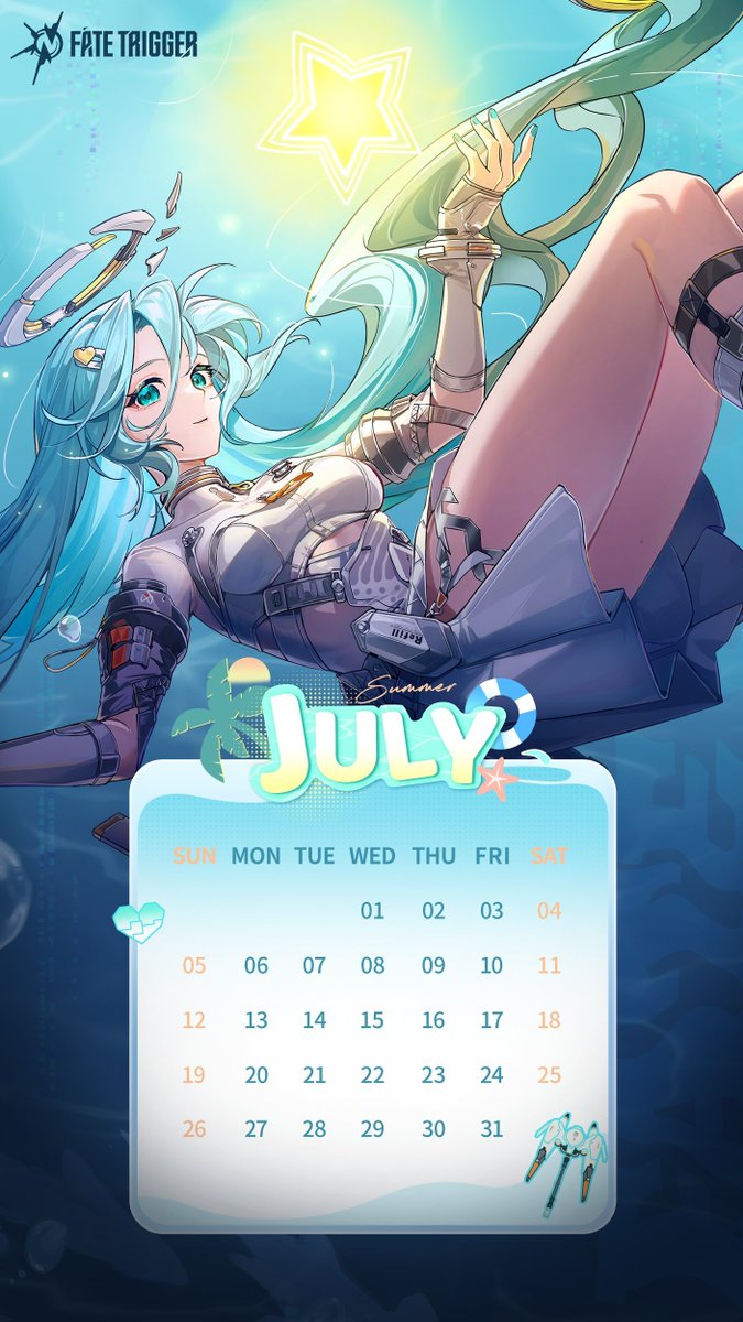 FateTrigger_ID's tweet photo. Kalender Juli sudah HADIR! ☀️✨

Suasana semakin memanas, siap melarikan diri dari teriknya musim panas? 🏝️💦
Selami lautan, di mana setiap momen terasa seperti angin sejuk yang menyegarkan. 🩵

#FateTrigger #July #Calendar https://t.co/0oJoJLDWqZ