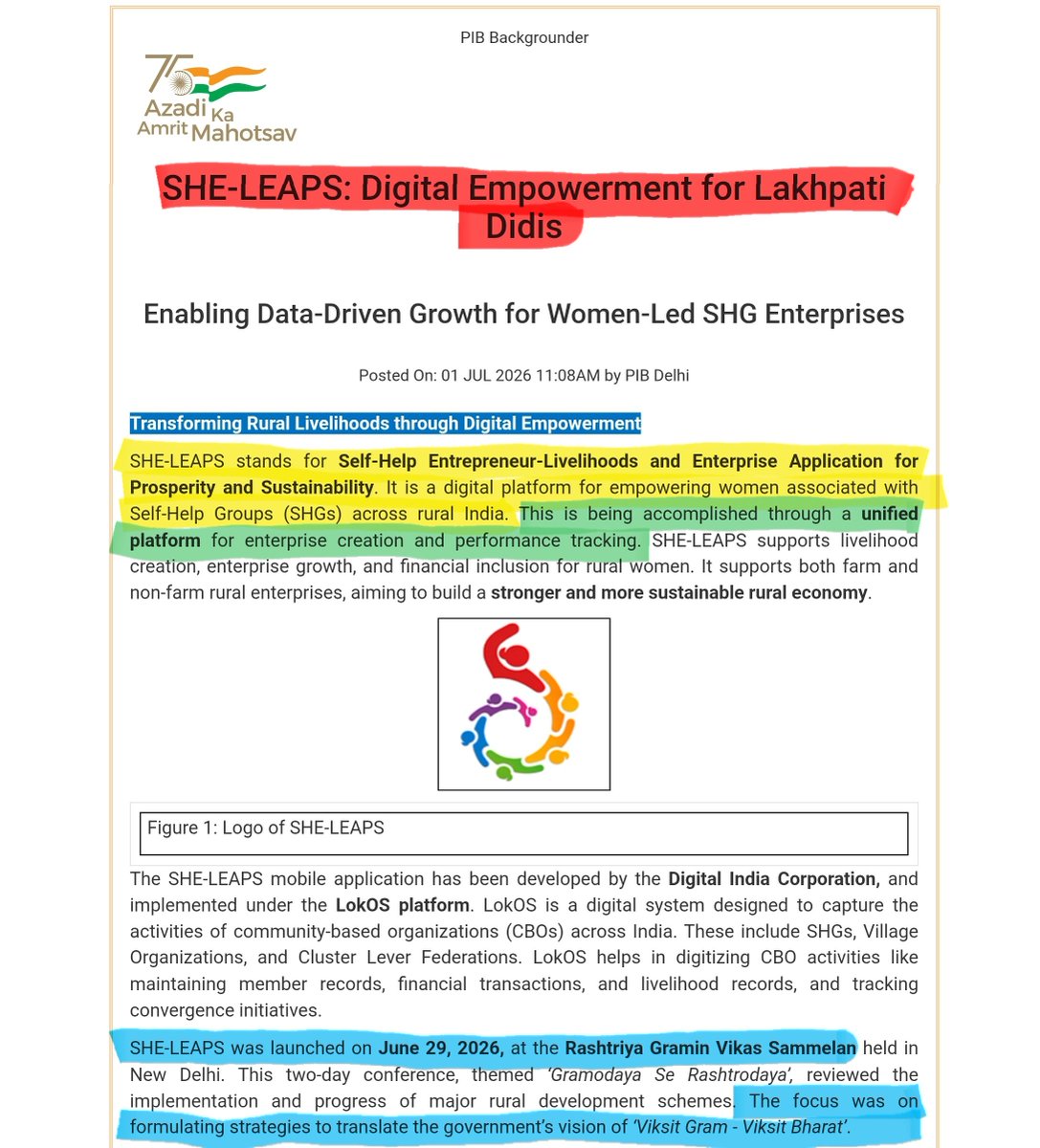 jagmohanmehta's tweet photo. SHE-LEAPS (Self-Help Entrepreneur-Livelihoods and Enterprise Application for Prosperity and Sustainability) is a digital platform launched by the Ministry of Rural Development to empower rural women in SHGs.
🔴 Read PIB Article: https://t.co/AwzsHtYMQw
#SHGs #UPSC #PIB https://t.co/78Yjk9FgrB
