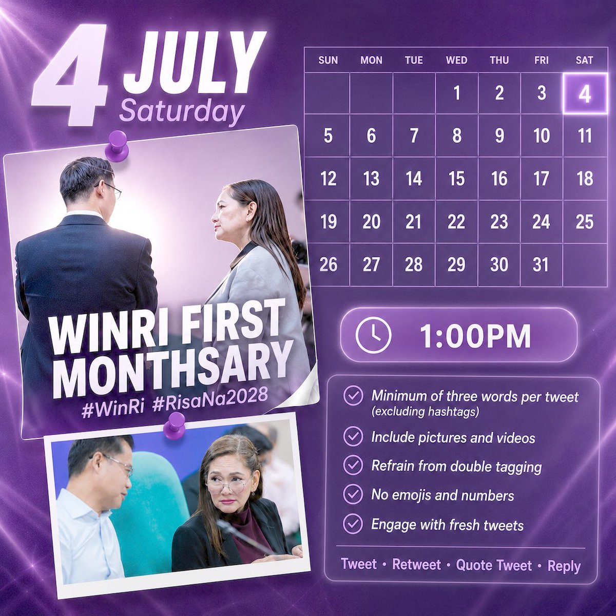 WinRiOFC's tweet photo. ONE MONTH NA ANG @WinRiOFC BUKAS 💜

isang buwan pa lang pero ‘yung lore, challenges, at resources natin pang-one-year na (o pang-ten-years na yata).

to celebrate this milestone (lalo na’t hindi tayo sure kung hanggang kailan 🤞pero manifesting 2028 ✨), may trend party tayo bukas (July 4) at 1:00PM.

prepare your drafts, WinRi nation! congrats sa atin at welcome to season 2! 💜