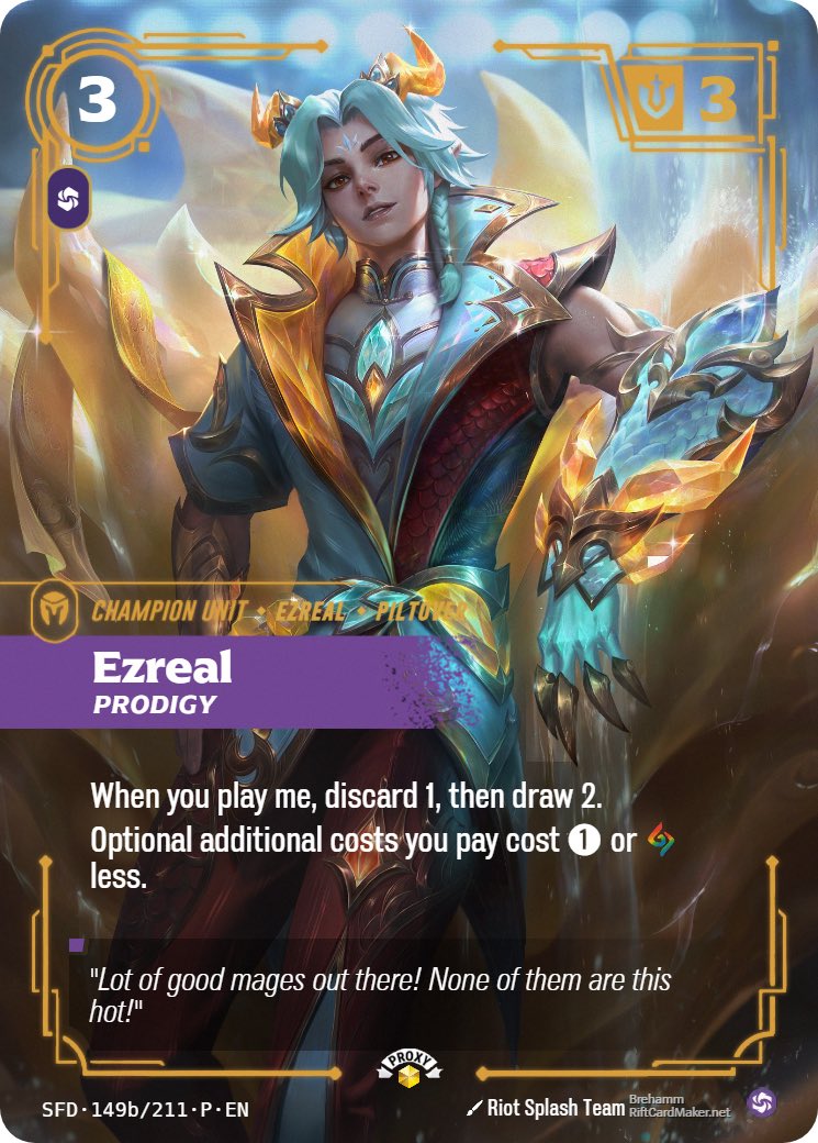ZhunCn's tweet photo. Trying out printing my own custom/proxy cards for Riftbound. Used the official Prestige Heavenscale Ezreal Splash Art and put it through https://t.co/YRlg5csBrF https://t.co/4uaiylKk9X