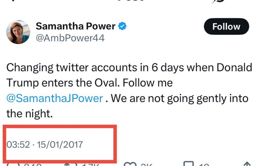 RealSLokhova's tweet photo. Samantha Power, January 15, 2017, one week before President Trump's inauguration:

 “We are not going gently into the night” https://t.co/SQSmjKbo9M