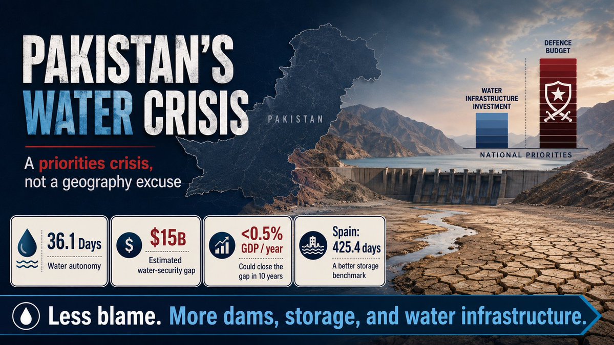 realFukroach's tweet photo. Pakistan’s water crisis is not India’s fault.

A country with only **36.1 days** of water autonomy does not need more excuses — it needs dams, storage, canal modernization, and sane budget priorities.

The uncomfortable truth: Pakistan’s entire water-security gap could be funded with less than **0.5% of GDP per year** over 10 years.

But when the military gets priority over water, people pay the price.

Read: https://t.co/L4qqcqaZrB