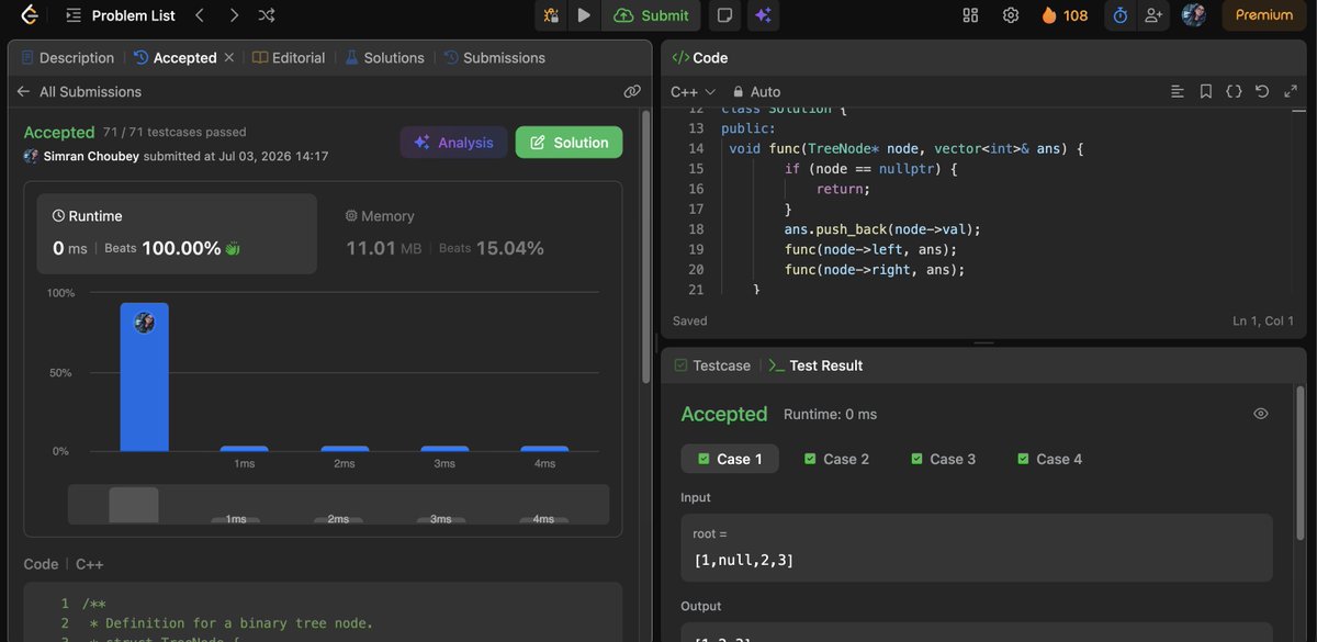 SimranKuma76498's tweet photo. 🔥 Day 33/45 – #SDESheetChallenge

✅ Inorder Traversal
✅ Preorder Traversal
✅ Postorder Traversal
✅ Morris Inorder Traversal
Trees unlocked. 🌳🚀
@striver_79
@takeUforward_
#DSA #Java #LearnInPublic https://t.co/fYdEDo5Mr5