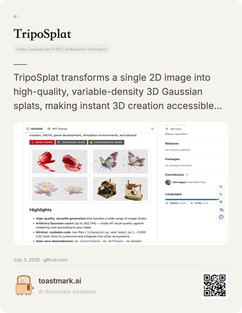 aliandotcom's tweet photo. 🚀 TripoSplat： Convert a single 2D image into high-quality 3D Gaussians with this powerful tool from TripoAI. It enables precise https://t.co/ux1nf9VAoE