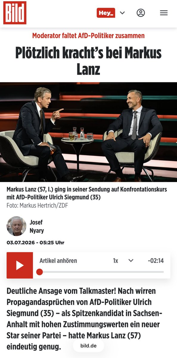 Invictus1577019's tweet photo. Ehrlich gesagt war ich gespannt wie sich ein @UlrichSiegmund bei Markus Lanz so anstellt. Und ich wurde persönlich nicht enttäuscht von Ihm.

Die komplette Sendung war es ein:
- permanentes zurückrudern
- Nebelkerzen aufbauen
- Nebenschauplätze schaffen
- ausweichen auf konkrete Fragen

Das war so richtig typisch AfD gewesen. Keine Lösungen, sondern nur Themen ansprechen, die man auf Landesebene ohnehin nicht lösen könnte.

Und so jemand, der nicht einmal die einfachsten Fragen konkret beantworten kann, will der künftige Ministerpräsident von Sachsen-Anhalt werden? Ich habe da meine erheblichen Zweifel, ob das allein schon aus wirtschaftlichen Aspekten funktionieren wird.

Fakt ist: Mit diesem Auftritt hat sich die AfD aber grundlegend blamiert.

#Lanz #Siegmund #AfD #ltwsa26 #ltwsa