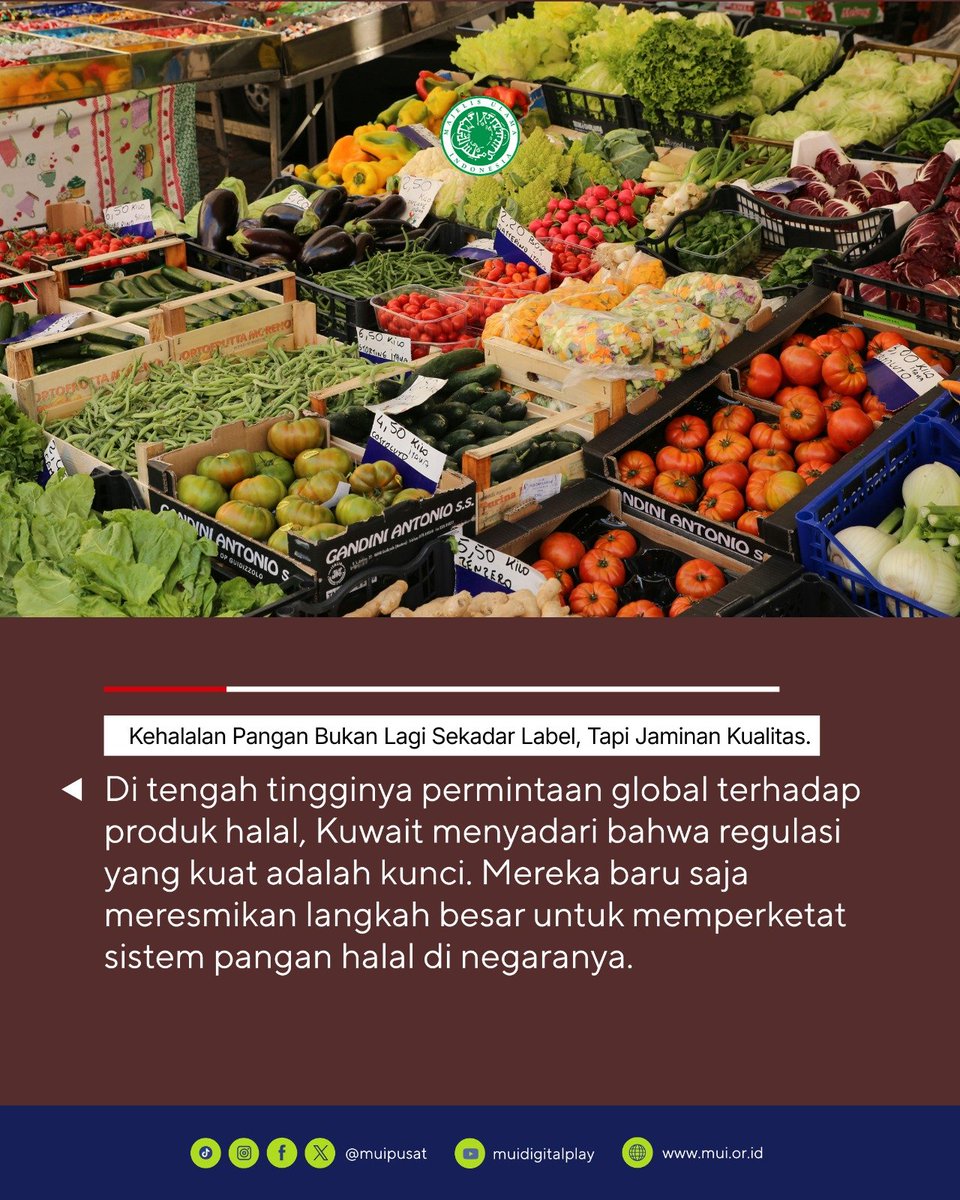 muipusat's tweet photo. Ekosistem pangan halal global terus berkembang pesat. Terbaru, Kuwait mengambil langkah strategis dengan memperkuat regulasi pangan halal mereka melalui kolaborasi erat antara Kementerian Urusan Islam dan Otoritas Pangan setempat.

Langkah ini bukan sekadar pembaruan kebijakan, tapi sebuah wujud nyata bahwa kualitas, keamanan, dan kehalalan produk harus dikawal bersama dari hulu ke hilir.

#MUI #IndustriHalal #HalalFood #HalalEcosystem #UpdateIndustri