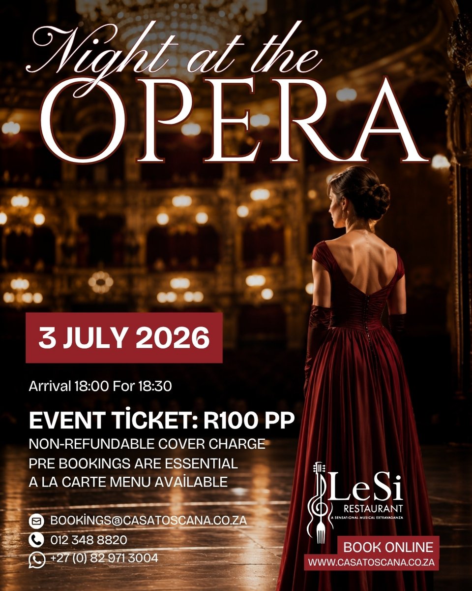 LeSiRestaurant's tweet photo. Tonight's the night! 🎭✨

Experience A Night at the Opera at LeSi Restaurant – an evening of beautiful live performances, exceptional dining and timeless elegance.

📍 18:00 for 18:30 | 🎟️ R100 pp | 🍽️ À la carte menu
Book your table now: https://t.co/WtDSwLpASm https://t.co/hDnHOzB7Rz