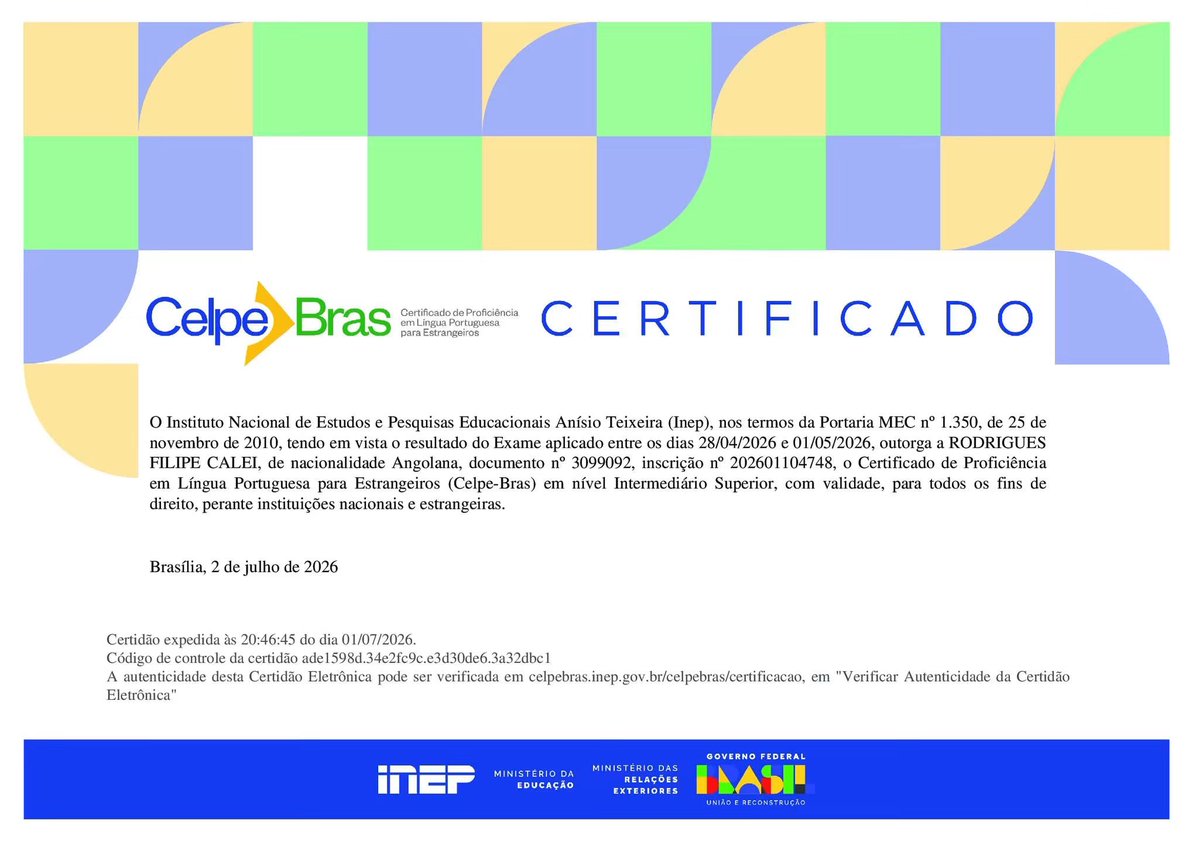 Rodriguescaleii's tweet photo. Acabo de receber o Certificado de Proficiência em Língua Portuguesa para Estrangeiros (CELPE-Bras) “nível Intermediário Superior”, oficializado pelo INEP (Instituto Nacional de Estudos e Pesquisas Educacionais Anísio Teixeira — órgão do Ministério da Educação responsável pelas https://t.co/b5bIpqyPop