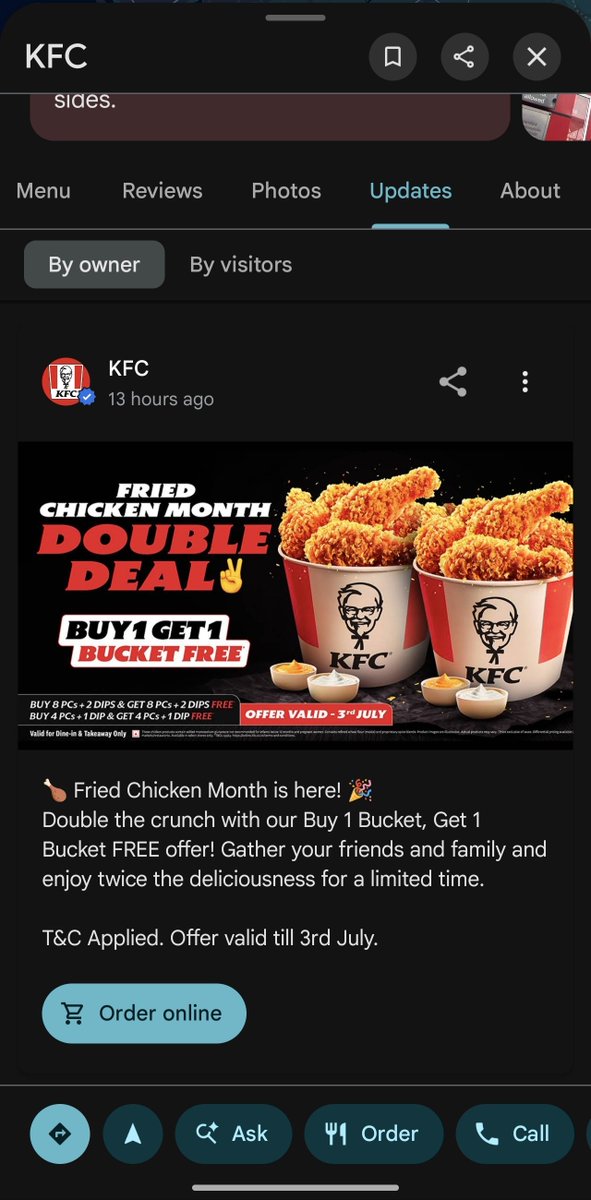 iAmNived's tweet photo. Hey @KFC_India , highly disappointed with your service. Staff intentionally disabled app orders to block the ₹850 July 3rd BOGO offer, forcing us to pay ₹1300 at the counter. Shady practices, we call this "Thantha illayma"

@kfc https://t.co/GMNt7vZDlQ