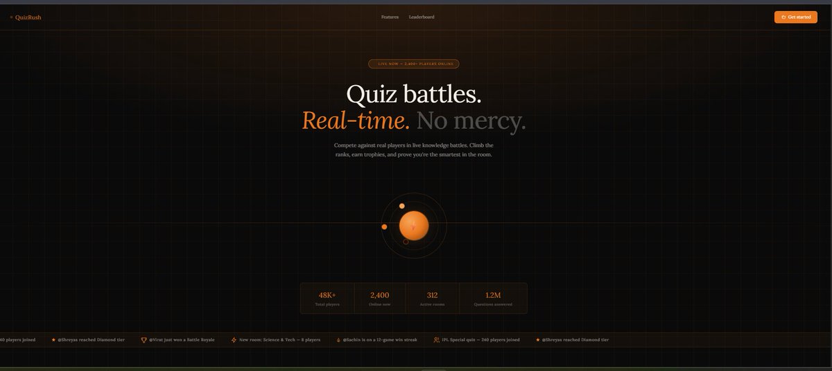 Shreya_0318's tweet photo. 🚀 Built QuizRush — a real-time multiplayer quiz platform powered by WebSockets.
⚡ Create lobbies
🎮 Compete live with friends
🏆 Climb the leaderboard
🔗 Live Demo : https://t.co/Cnci6TynWu
💻 GitHub Repo : https://t.co/FEcpnxWjqH
#webdev #buildinpublic https://t.co/NiF9FCyTkE