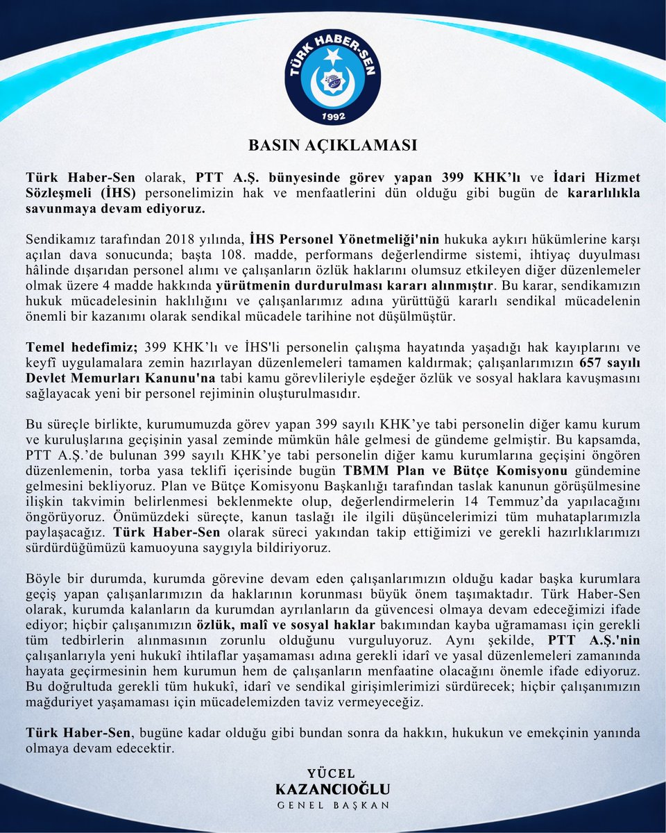 THABERSEN's tweet photo. Türk Haber-Sen olarak, PTT A.Ş. bünyesinde görev yapan 399 KHK’lı ve İdari Hizmet Sözleşmeli (İHS) personelimizin hak ve menfaatlerini dün olduğu gibi bugün de kararlılıkla savunmaya devam ediyoruz. https://t.co/kSUamHKOa2