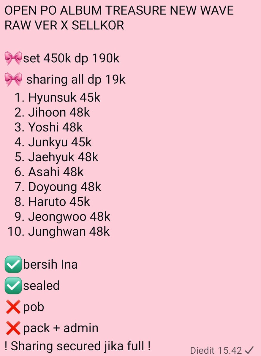 alkaa22692's tweet photo. OPEN PO ALBUM TREASURE NEW WAVE RAW VER X SELLKOR 

🎀set 450k dp 190k
🎀Harga sharing di foto 

✅bersih Ina
✅sealed
❌pob
❌pack + admin
Link GO : https://t.co/zeiR93fLSA

tags. Treasure hyunsuk jihoon Yoshi junkyu jaehyuk Asahi doyoung haruto jeongwoo junghwan https://t.co/2JnsBQSlTc