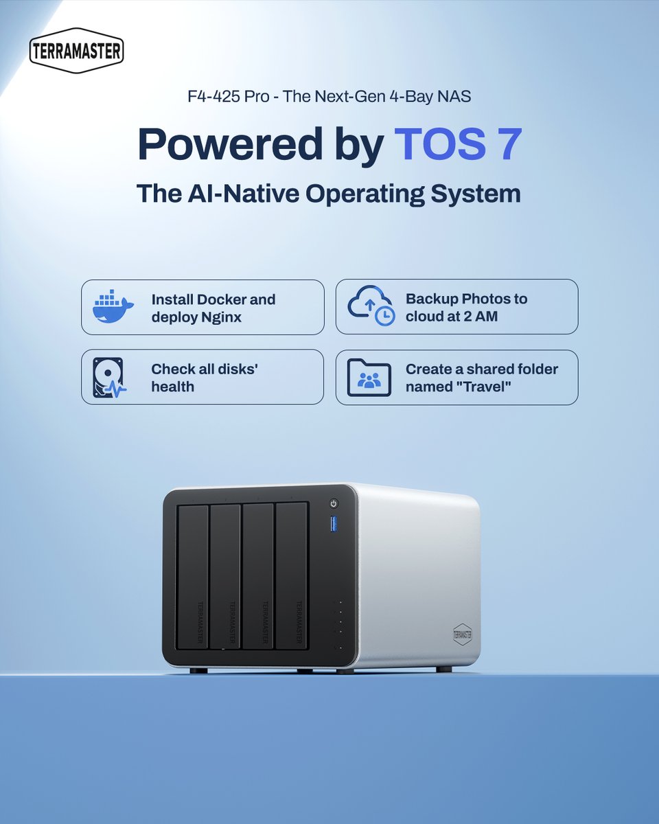 TerraMaster_'s tweet photo. 🤩TerraMaster F4-425 Pro with TOS 7 introduces an AI-native NAS stack: fully open atomic APIs and an AI-optimized CLI enable natural language control and automated system workflows across storage, apps, and services.
Get yours now: https://t.co/tgbf3SqdZr
#TerraMaster #NAS #AI https://t.co/LTUGqTy8MB