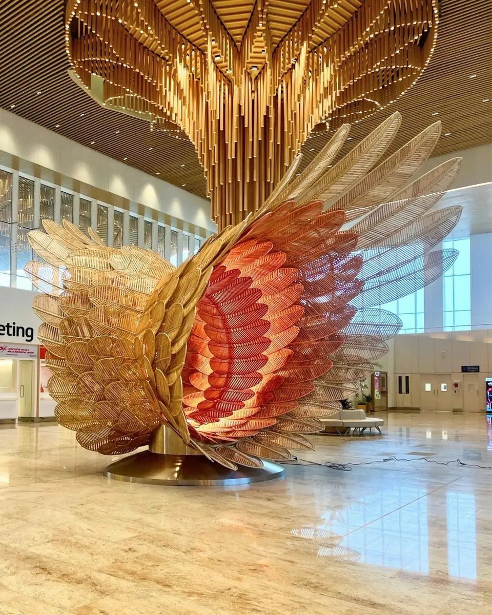 BJP4India's tweet photo. Bamboo art in the new terminal of Guwahati Airport. Its really mesmerising! https://t.co/F34UrFuAbm
