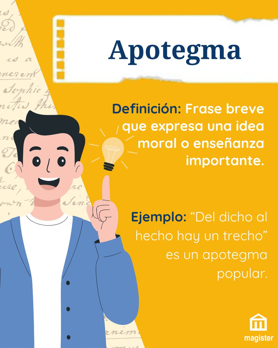cursosmagister's tweet photo. 📖 Apotegma ✨
Una palabra poco usada hoy en día, pero que recoge algo muy presente en la cultura: frases breves con enseñanza o reflexión.
💬 ¿Conoces algún dicho o frase que funcione como apotegma en tu vida? 👇
#vocabulariomagister #magister https://t.co/rX03JMLGev