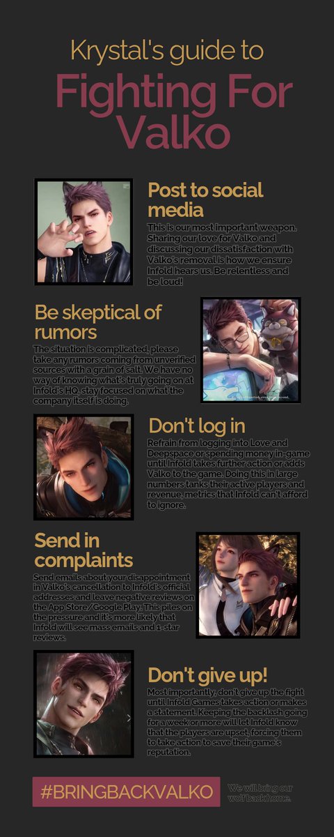 krystalklearrrr's tweet photo. I've created an infographic with tips for the community of girliea dighring for Valko! Feel free to share it or use the advice from it, and let's keep up the fight for Valko! 🐺🩷

#ValkoComeBack #valko #BringBackValko #LoveandDeepSpaceis6 #loveanddeepspace https://t.co/yUC3brkbWR