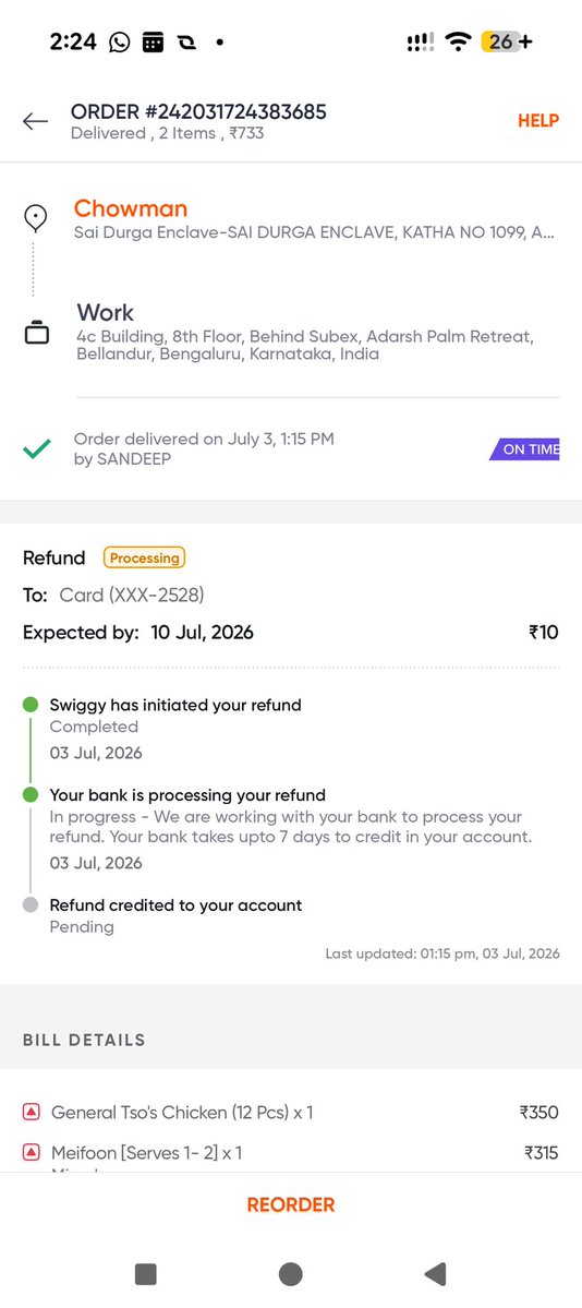 amkumar2k's tweet photo. I orderes in swiggy..
@Swiggy 
Chowman restaurant
3 items.
Meifun noodle
Hong Kong chkn
Chicken lolly pop.

753 after coupon applied.

They called that lollypop not available. No replacement available. Canceled my coupon and refunded 10 rs to me. I can't see my original order https://t.co/y2LxWLKsdT